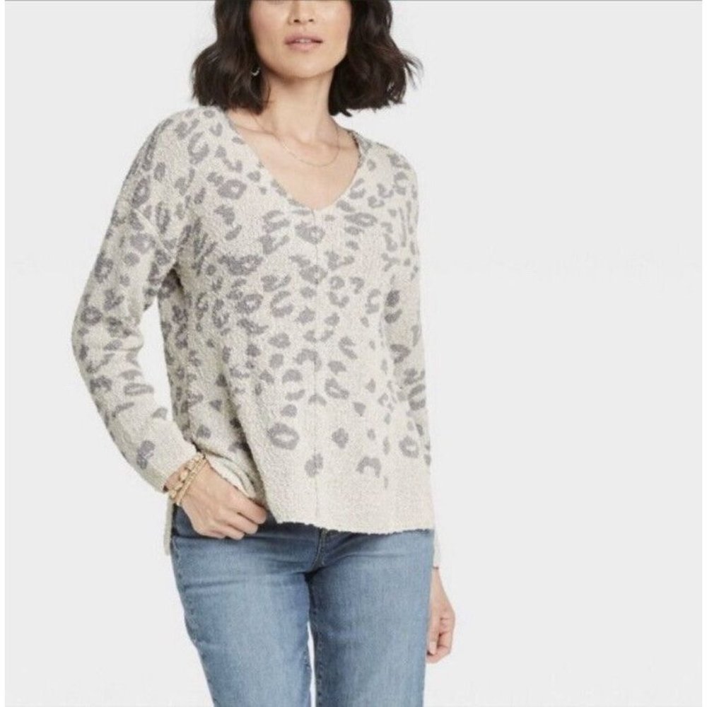 Knox Rose Leopard Print Knit Sweater Womens Size S Off White Gray V Neck Side Sp - Picture 1 of 15
